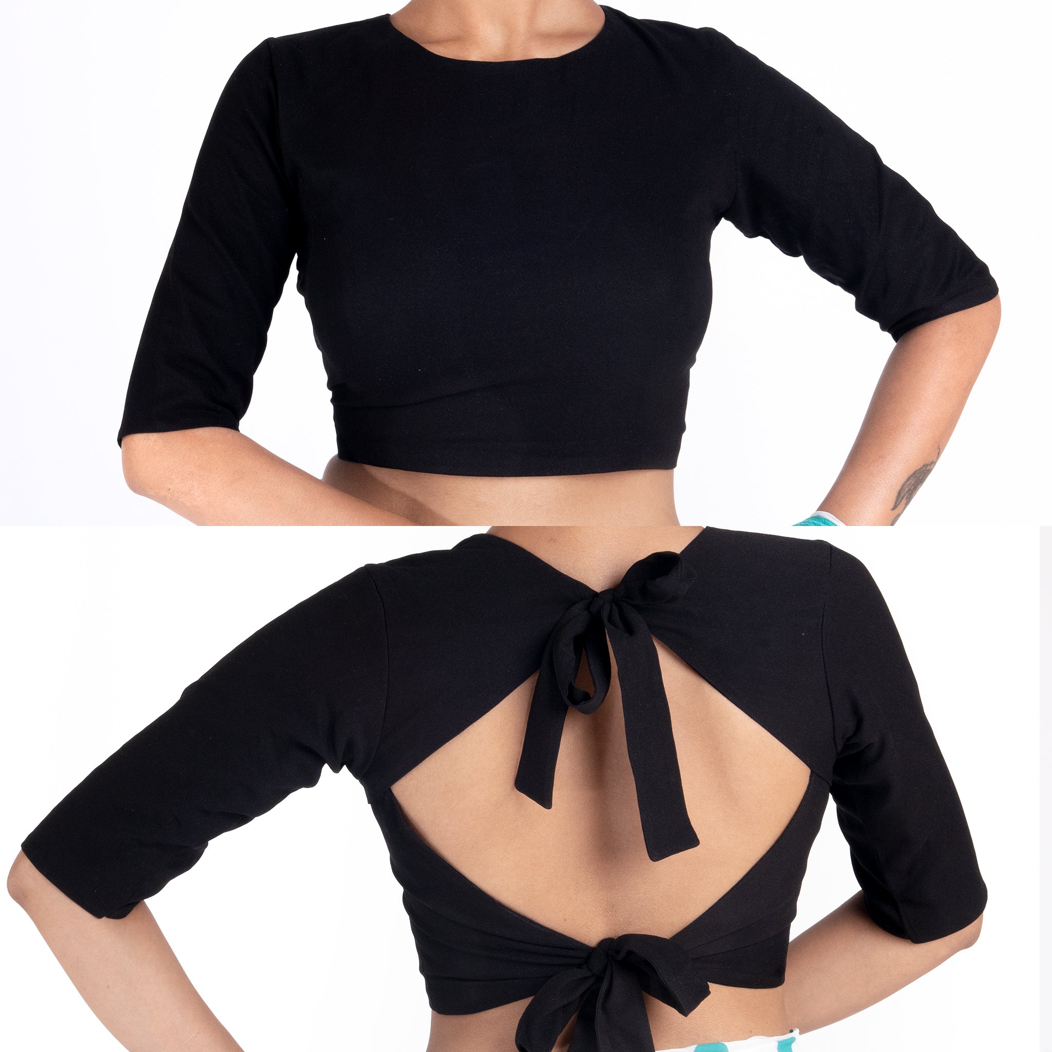Women's Black Crepe Padded Blouse With Back Tie - Boveee