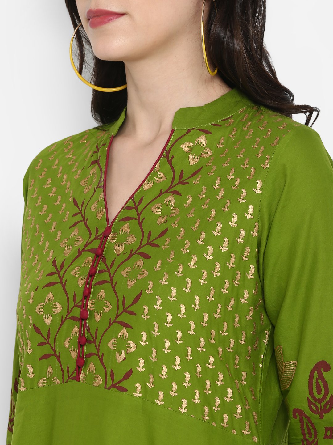 Women's Green Cotton Printed Anarkali Kurti With Block Print (1 Pc) - Noz2Toz