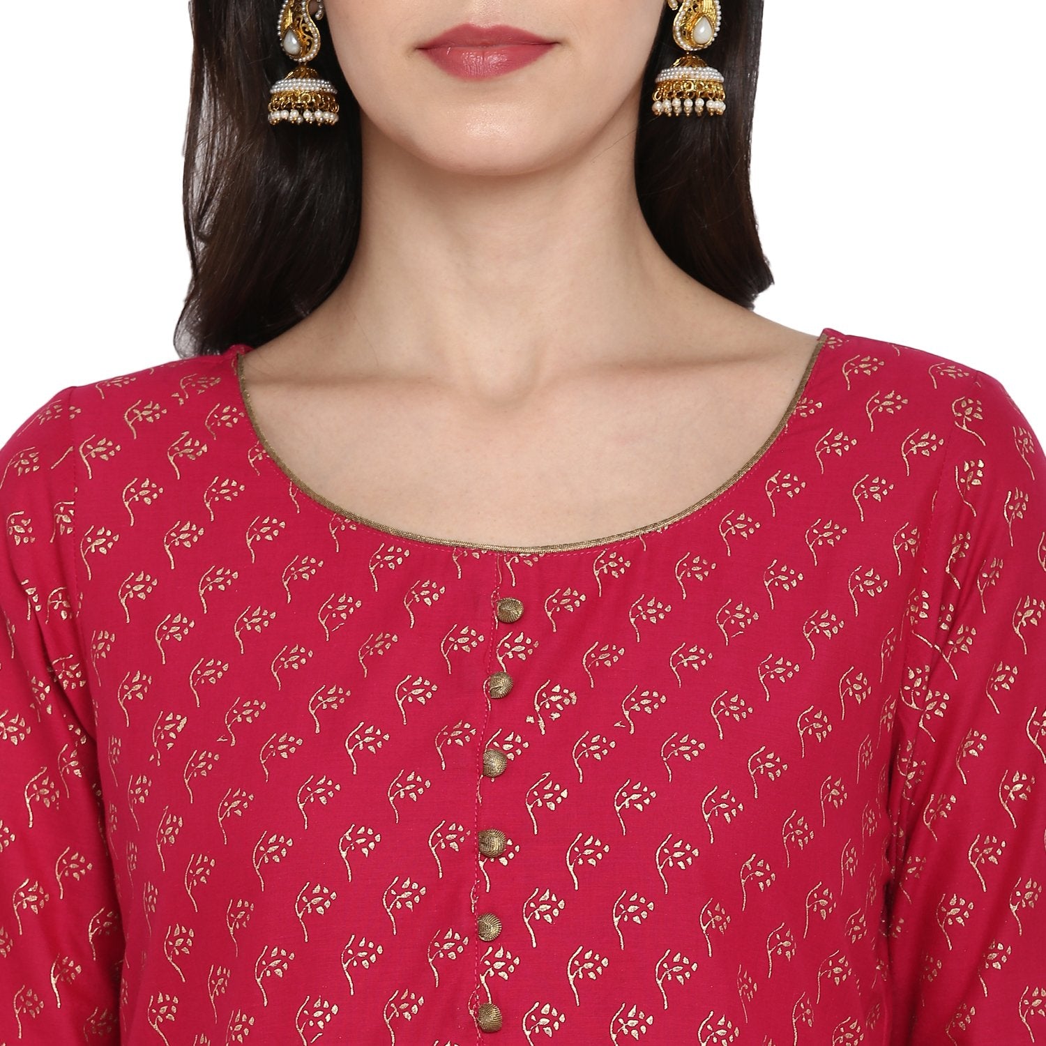 Women's Red Cotton Printed Anarkali Kurti With Block Print (1 Pc) - Noz2Toz