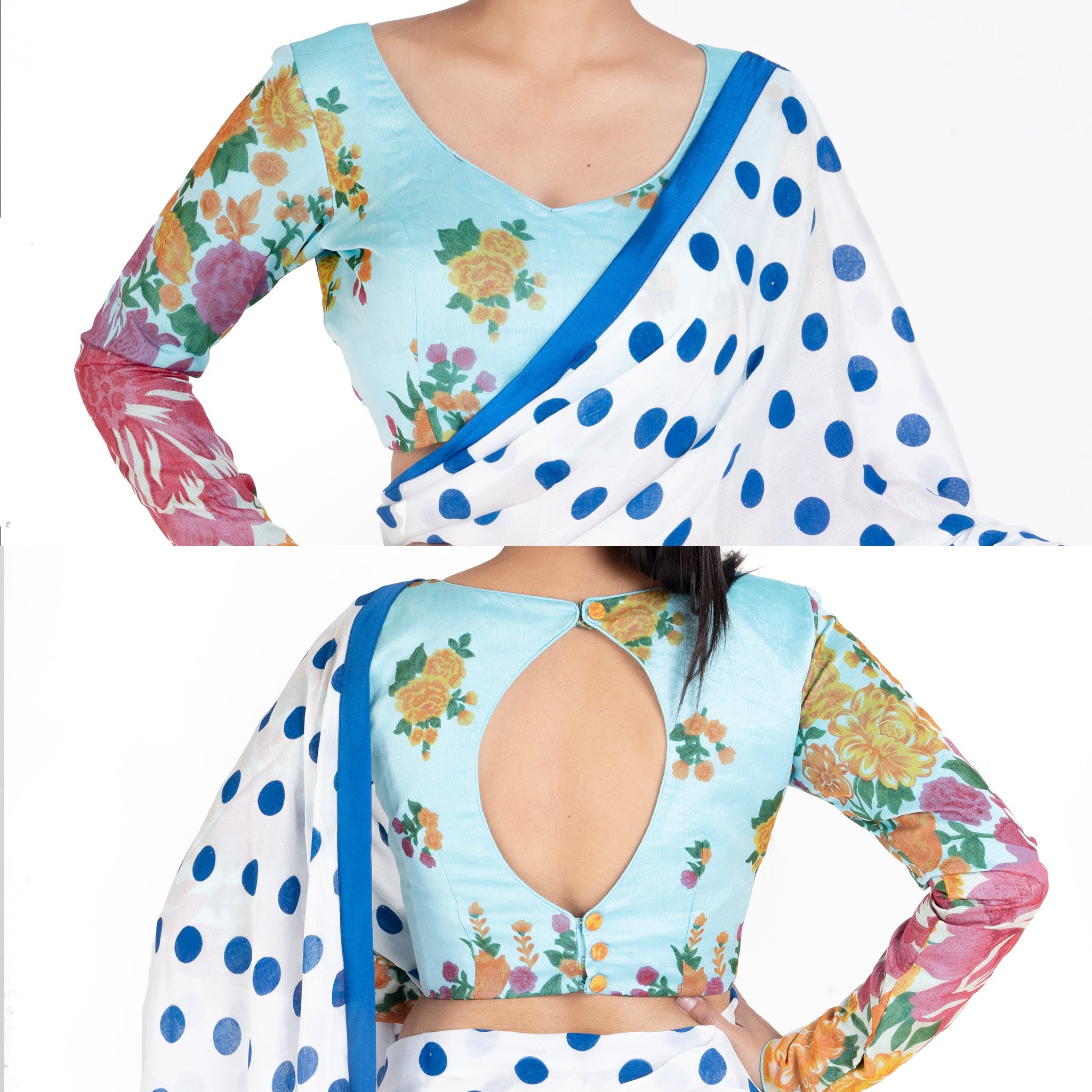 Women's Blue Printed Cotton Linen Padded Blouse With Full Sleeves - Boveee