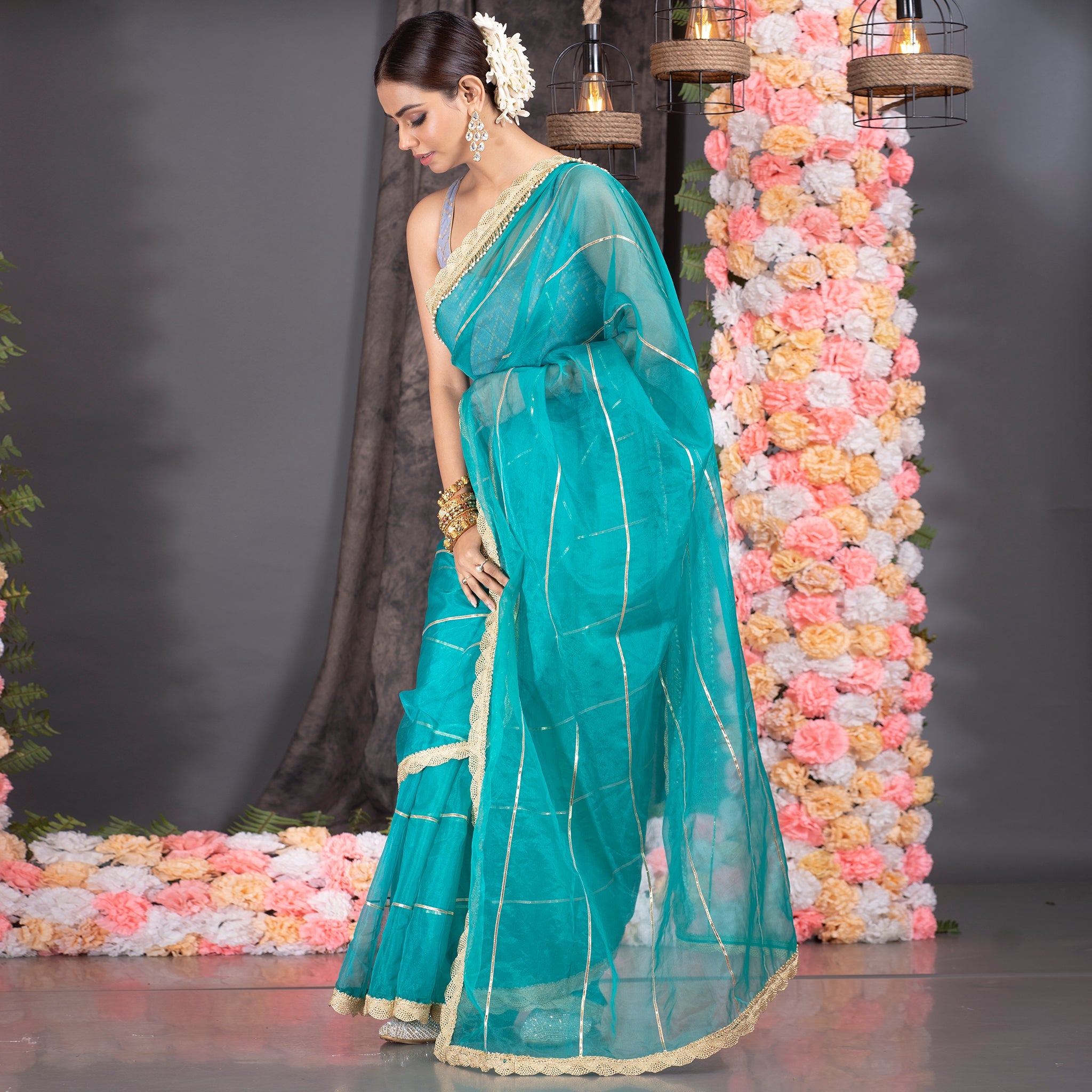 Women's Teal Organza Saree With Gota Work And Scallop Border - Boveee