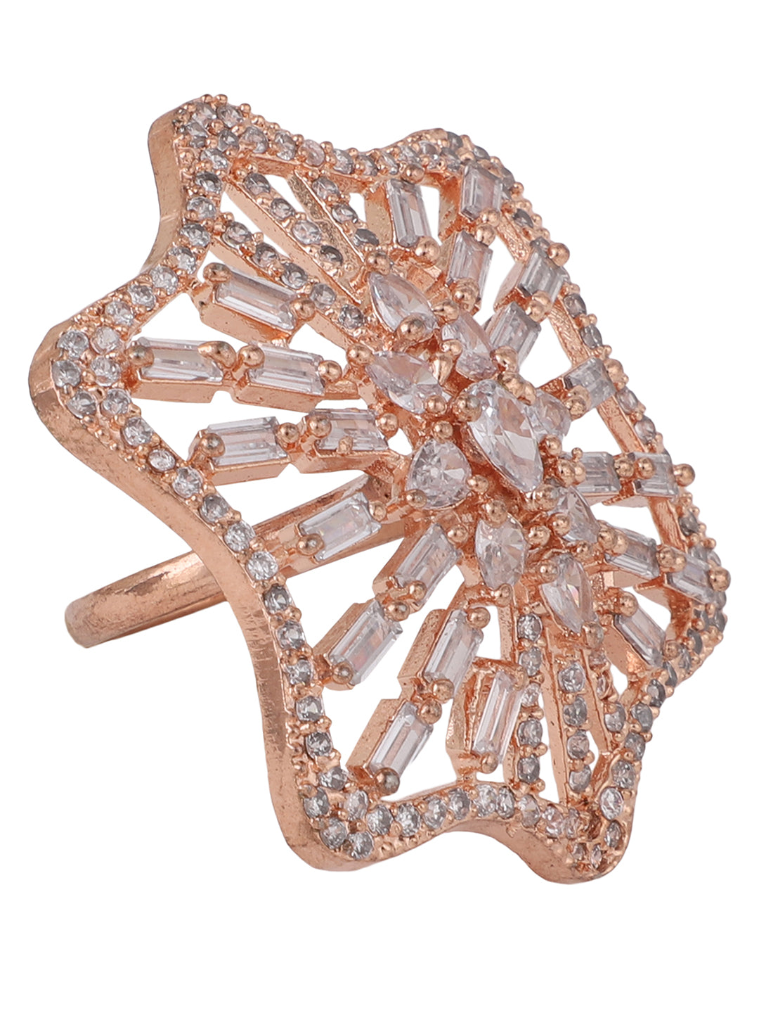 Women's Rose Gold-Plated Ad-Studded Adjustable Finger Ring - Anikas Creation