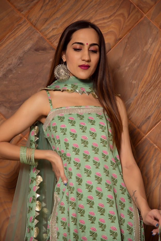 Women's Mishika Green Hand Block Suit Set  - Pomcha Jaipur
