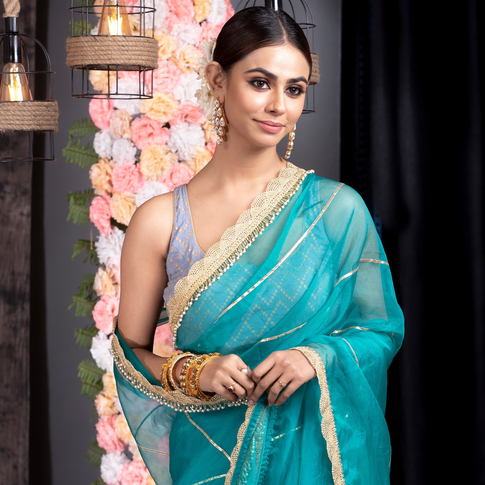 Women's Teal Organza Saree With Gota Work And Scallop Border - Boveee