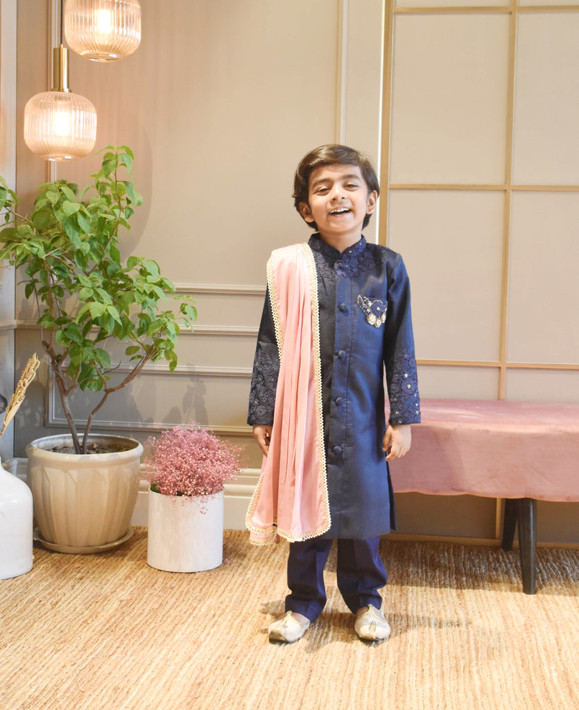 Boy's Blue Silk Ajkan With Pant And Pink Stole