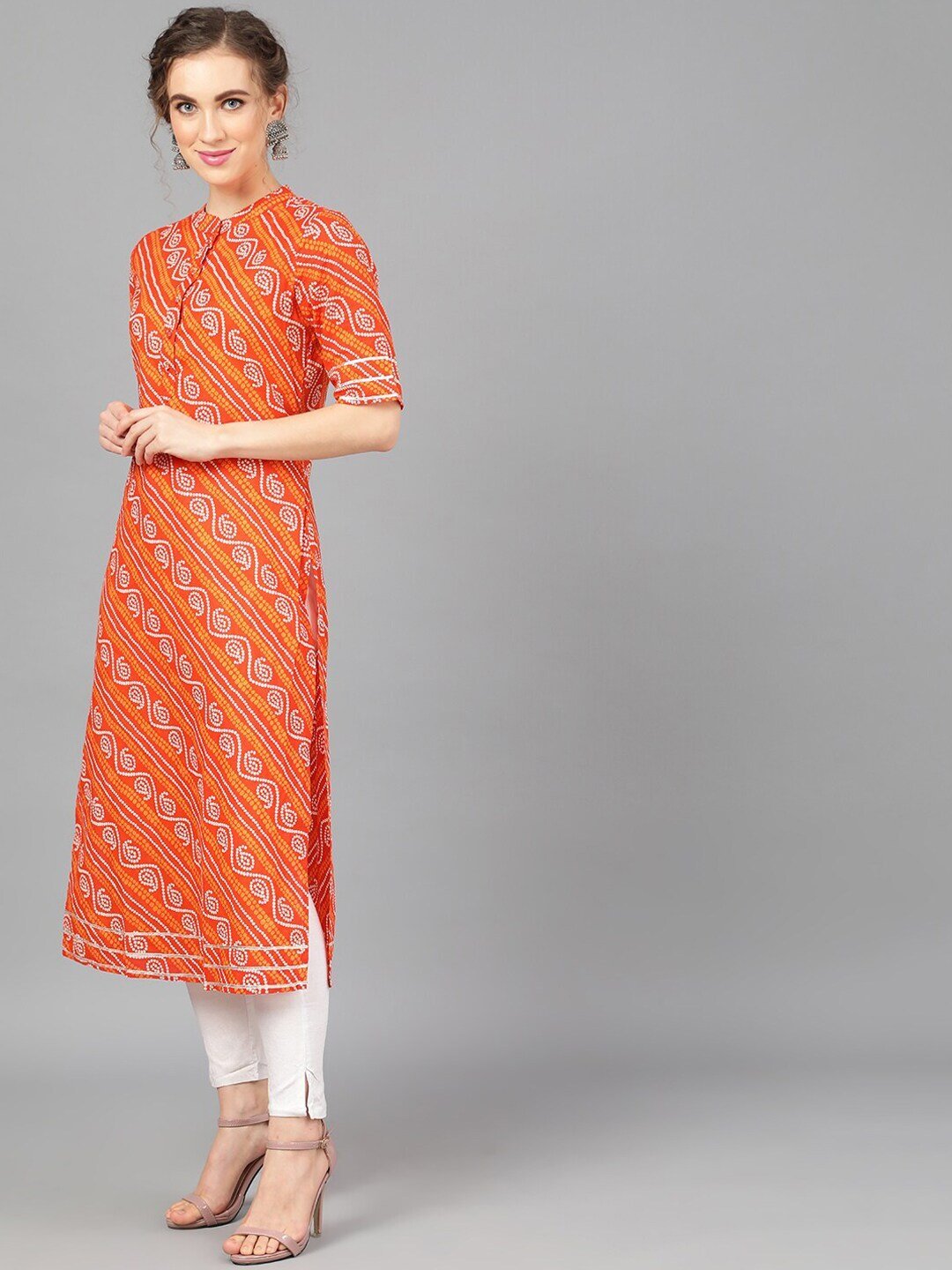 Women's  Orange & White Printed A-Line Kurta - AKS