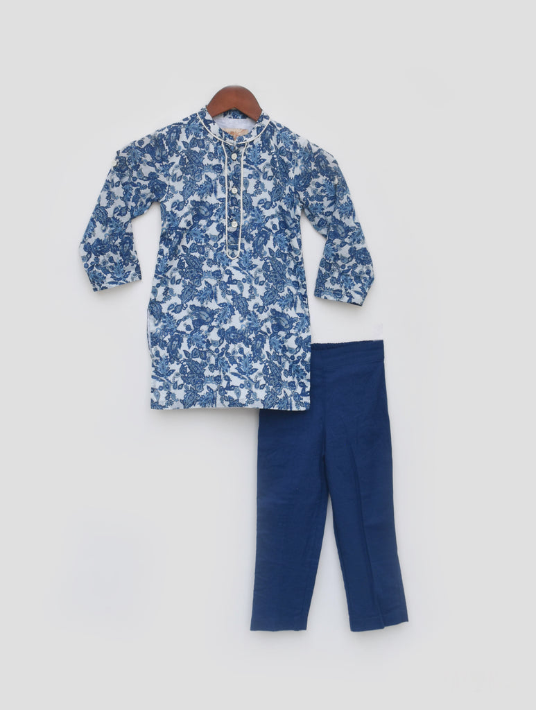 Boy's Blue Cotton Print Kurta And Blue Pant