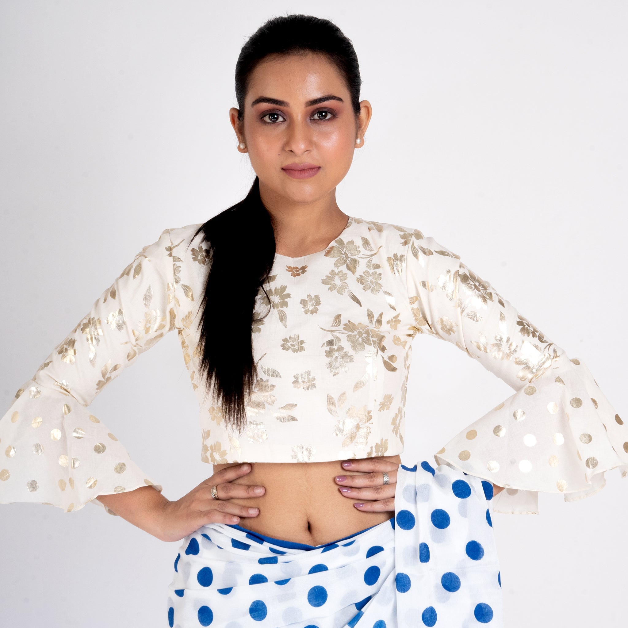 Women's Ivory With Gold Foil Print Cotton Padded Blouse - Boveee