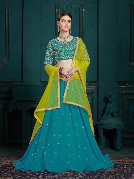 Women's  Peacock Blue Georgette Embroidered Lehenga - Myracouture