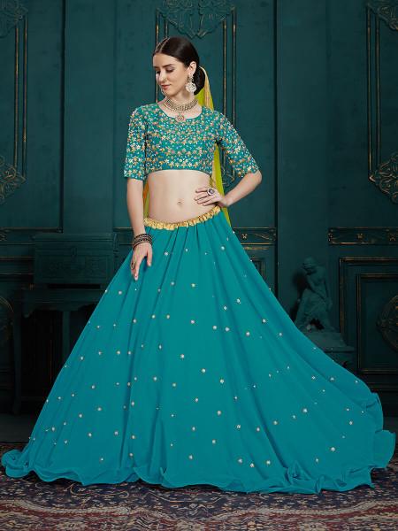 Women's  Peacock Blue Georgette Embroidered Lehenga - Myracouture