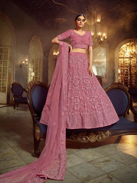 Women's  Pink Soft Net Heavy Embroidered Lehenga - Myracouture