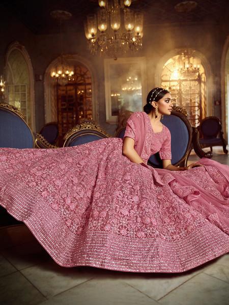 Women's  Pink Soft Net Heavy Embroidered Lehenga - Myracouture