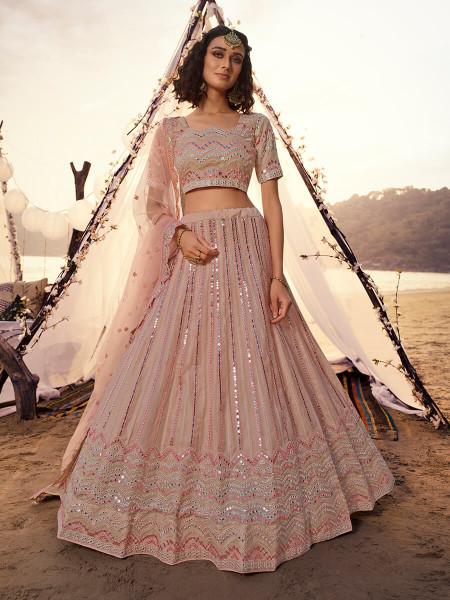 Women's  Peach Embroidered Organza Leheng - Myracouture