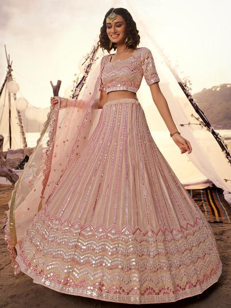 Women's  Peach Embroidered Organza Leheng - Myracouture