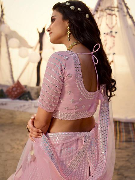 Baby Pink Embroidered Organza Lehenga - myracouture