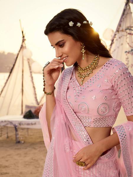 Baby Pink Embroidered Organza Lehenga - myracouture