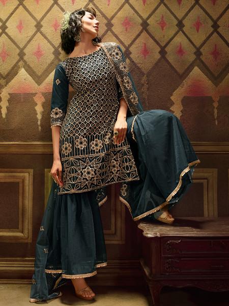 Women's  Rama Green Soft Net Gharara Suit - Myracouture