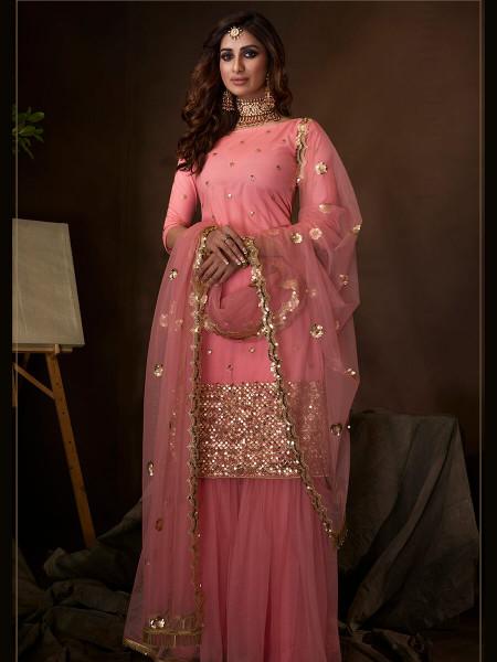 Women's  Pink Soft Net Gharara Suit - Myracouture