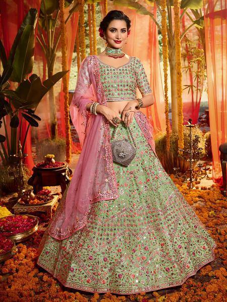 Green and Pure Organza Embroidered Lehenga - myracouture