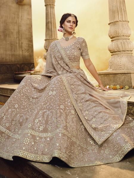 Women's  Light Brown Heavy Embroidered Georgette Lehenga - Myracouture