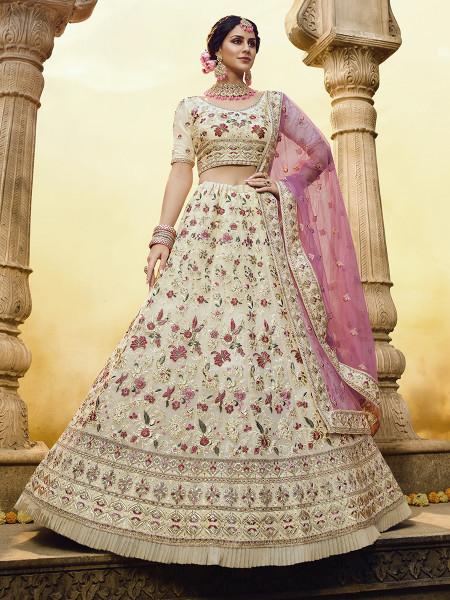 Women's  Off White Heavy Embroidered Georgette Lehenga - Myracouture