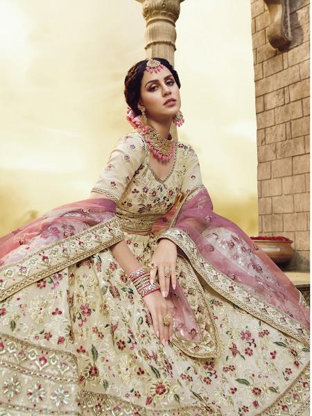 Women's  Off White Heavy Embroidered Georgette Lehenga - Myracouture