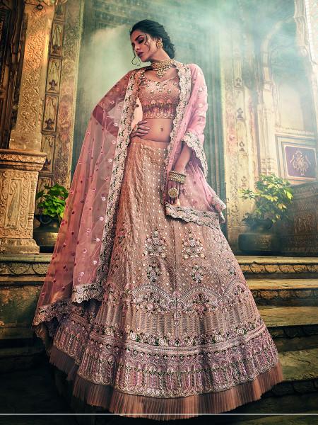 Women's  Rose Taupe Georgette Embroidered Lehenga - Myracouture