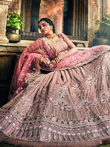 Women's  Rose Taupe Georgette Embroidered Lehenga - Myracouture