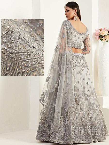 Women's  Light Grey Heavy Embroidered Net Lehenga - Myracouture