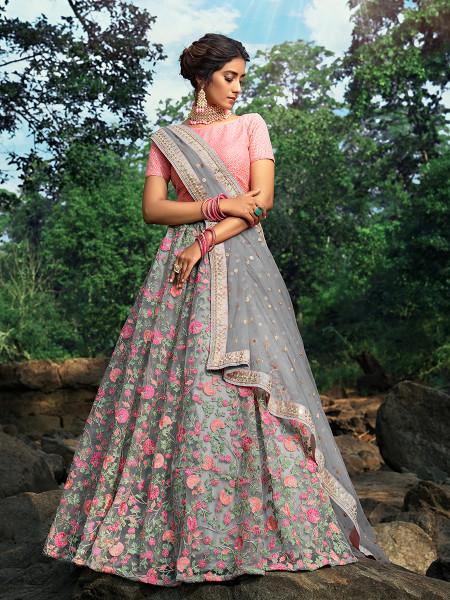 Women's  Pink And Grey Net Embroidered Lehenga - Myracouture