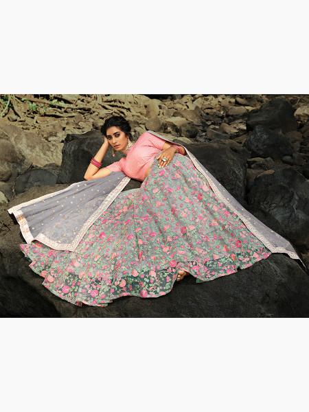 Women's  Pink And Grey Net Embroidered Lehenga - Myracouture