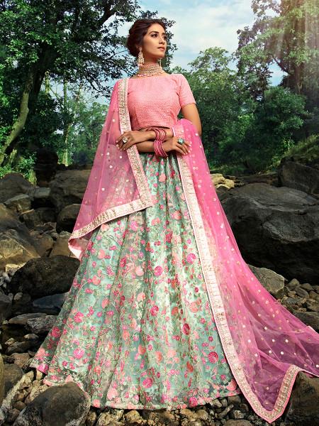 Women's  Pink And Light Green Embroidered Net Lehenga - Myracouture
