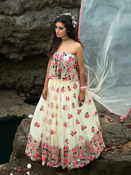 Women's  Multi And Off White Net Heavy Embroidered Lehenga - Myracouture