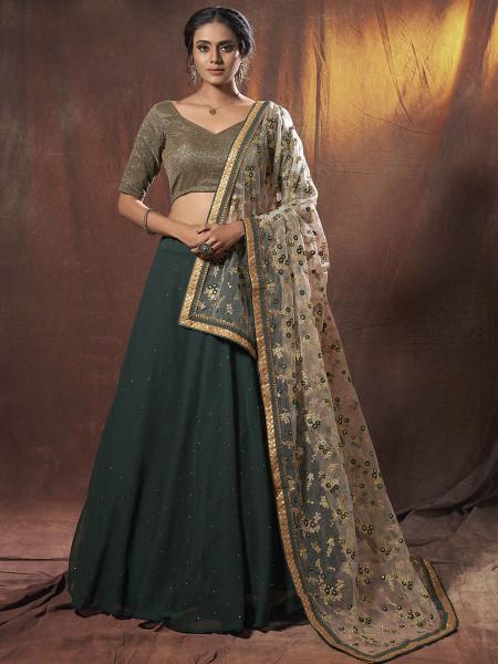 Women's  Green Embroidered Georgette Lehenga - Myracouture