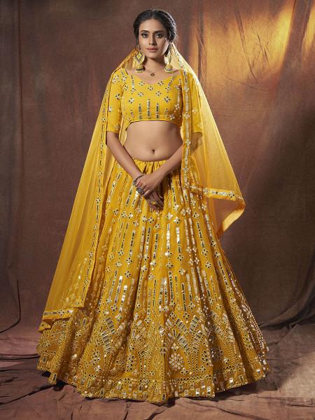 Women's  Yellow Embroidered Georgette Lehenga - Myracouture