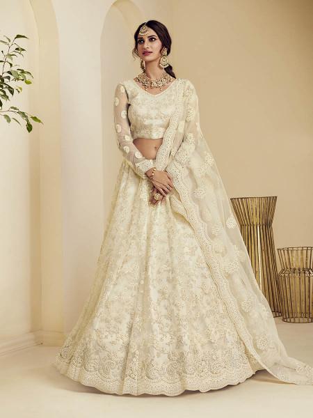 Women's  Off White Heavy Embroidered Net Bridal Lehenga - Myracouture