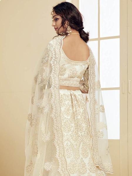 Women's  Off White Heavy Embroidered Net Bridal Lehenga - Myracouture