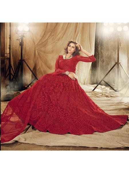 Women's  Red Heavy Embroidered Net Bridal Lehenga - Myracouture