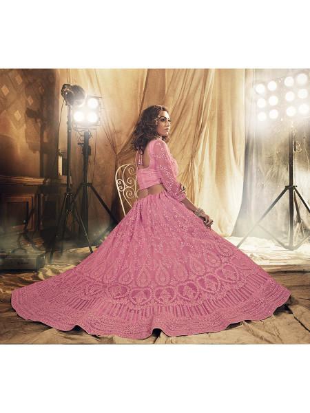 Women's  Dusty Pink Heavy Embroidered Net Bridal Lehenga - Myracouture