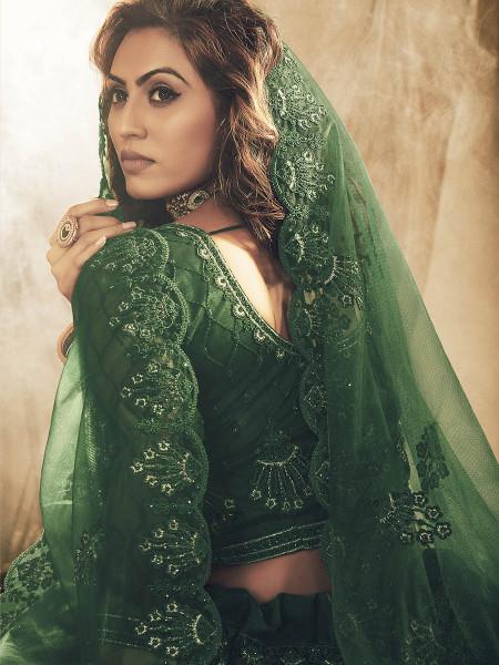 Women's  Green Heavy Embroidered Net Bridal Lehenga - Myracouture