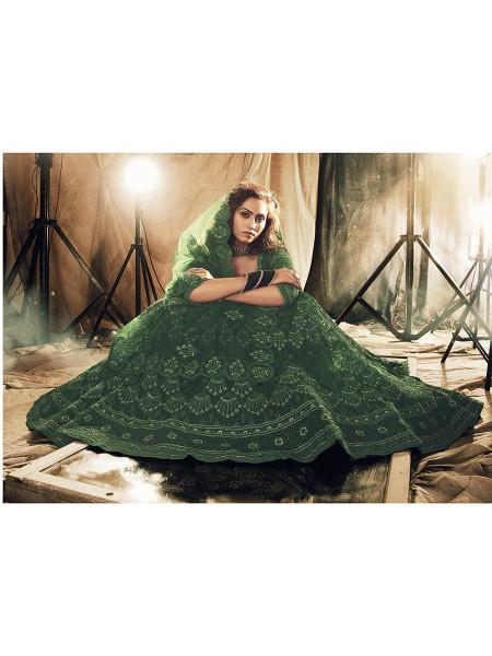 Women's  Green Heavy Embroidered Net Bridal Lehenga - Myracouture