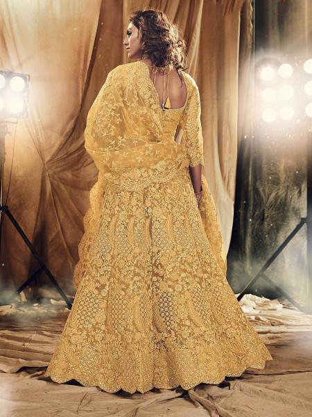 Women's  Musturd Yellow Heavy Embroidered Net Bridal Lehenga - Myracouture
