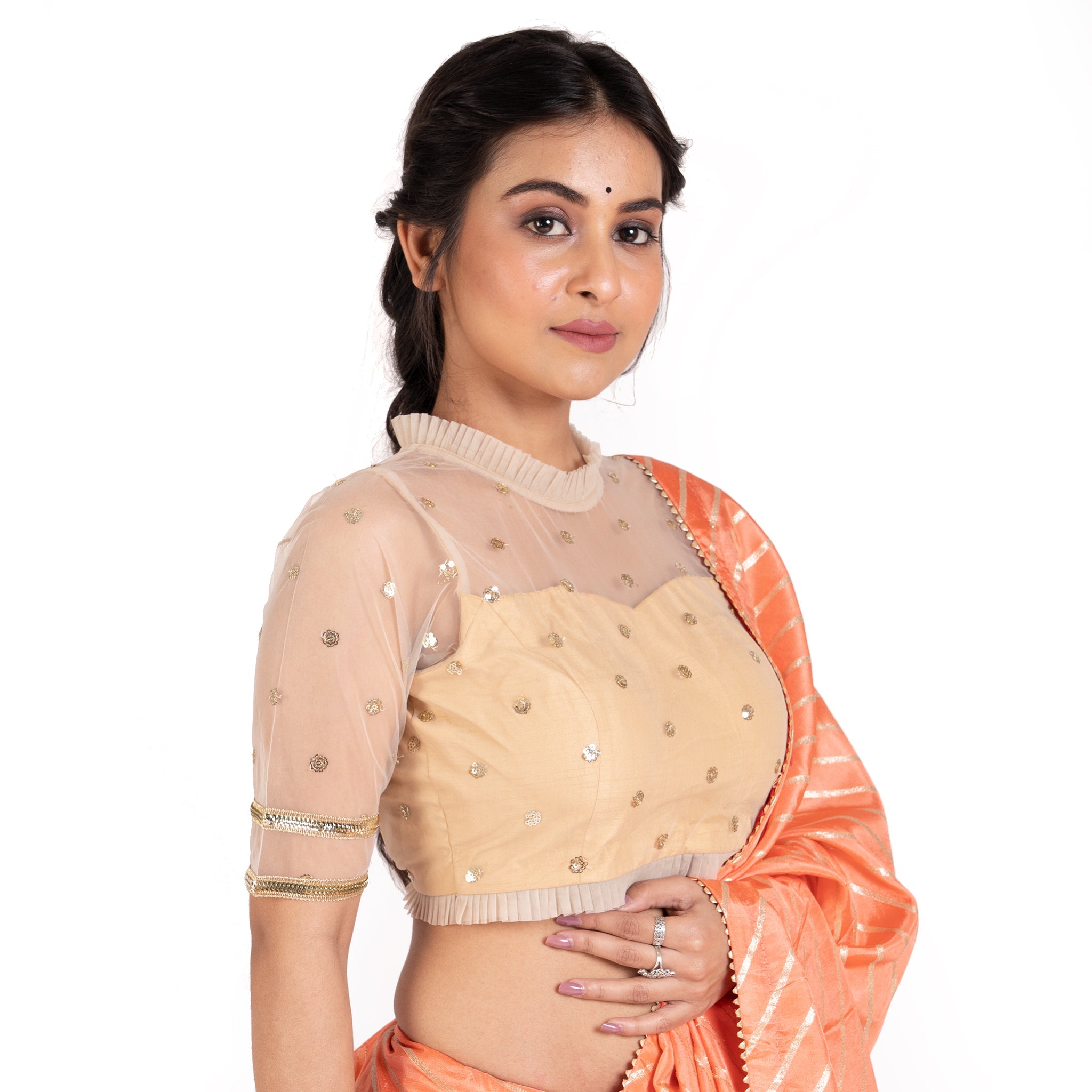 Women's Beige Embriodered Net Padded Blouse With Pleating Details - Boveee