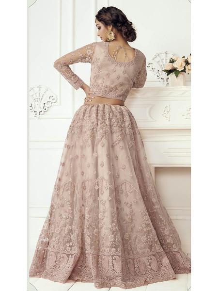 Women's  Dusty Pink Heavy Embroidered Net Bridal Lehenga - Myracouture