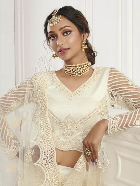 Women's  Off White Heavy Embroidered Net Bridal Lehenga Features - Myracouture