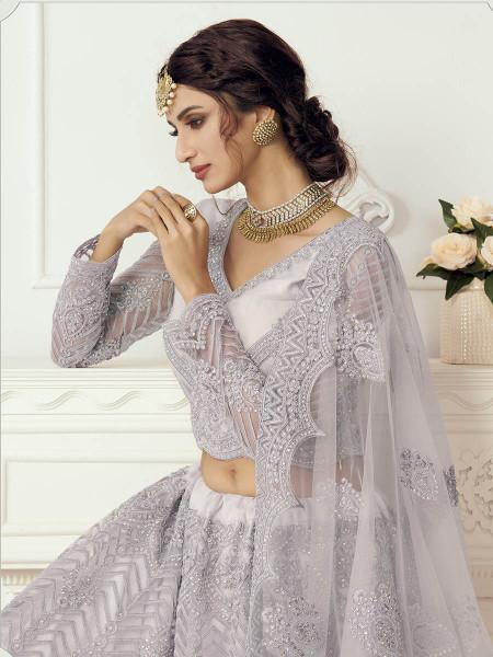 Women's  Grey Heavy Embroidered Net Bridal Lehenga - Myracouture