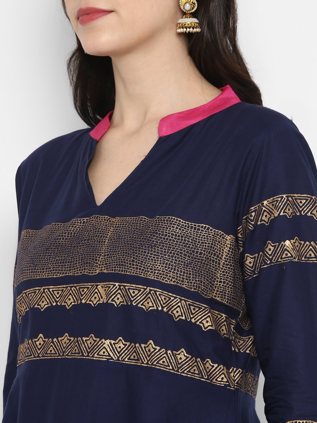 Women's Navy Blue Cotton Printed Anarkali Kurti With Block Print (1 Pc) - Noz2Toz