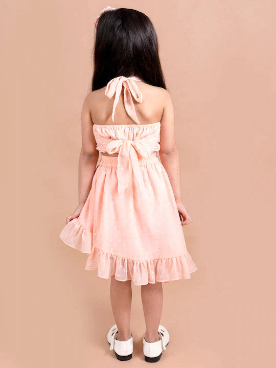 Girls Peach Solid Backless Detail Co-Ords Set