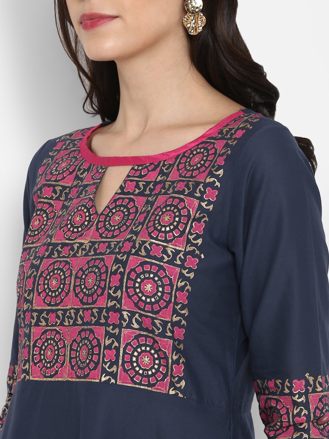 Women's Blue & Pink Cotton Printed Anarkali Kurti With Block Print (1 Pc) - Noz2Toz