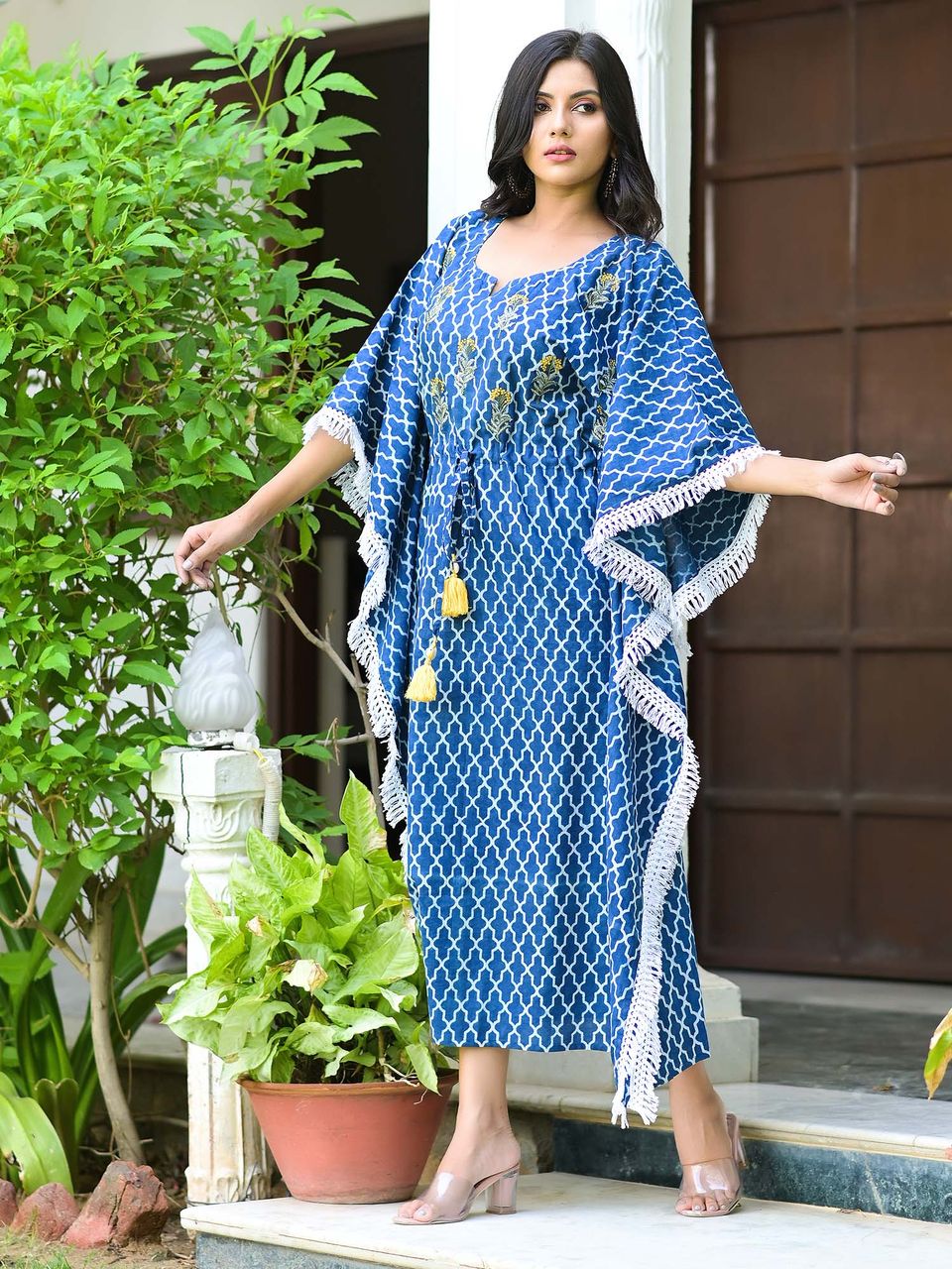 Women's Indigo Trellis Embroidered Cotton Kaftan Dress - Hatheli